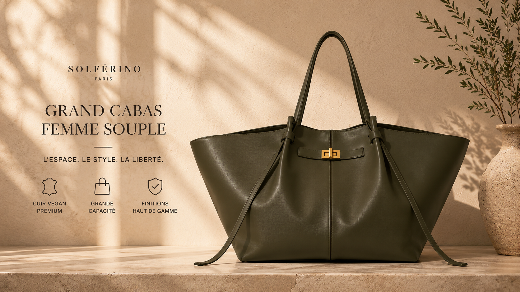 Cabas Grand Format Solférino Paris porté à la main — matière vegan souple