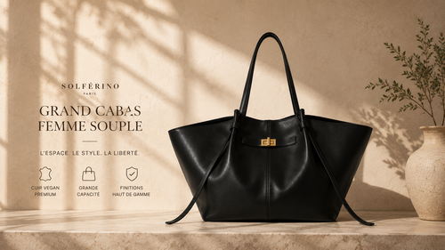 Détail du cabas grand format Solférino Paris — coloris chocolat, kaki, bordeaux et noir